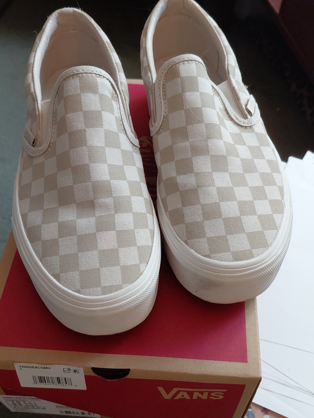 Vans Kids Checkerboard Slip-On Sneakers — Beige & White